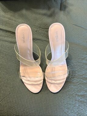 Express Nude Slide Heels with Clear Double Straps